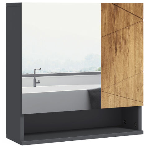 Kleankin – Armoire murale de salle de bain 2 portes – 2 étagères réglables – Niche ouverte – Anthracite aspect bois – Installation facile