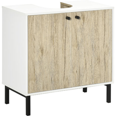 Kleankin – Meuble sous vasque simple 60L x 30l x 60H cm – 2 portes avec étagère réglable – Panneaux aspect chêne clair et blanc – Piètement acier noir