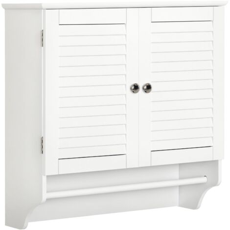 kleankin Armoire Murale Salle de Bain - Placard 2 Portes persiennes avec étagère - Porte-Serviette - Bois Blanc