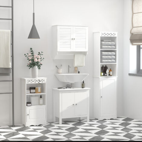 kleankin Armoire Murale Salle de Bain - Placard 2 Portes persiennes avec étagère - Porte-Serviette - Bois Blanc