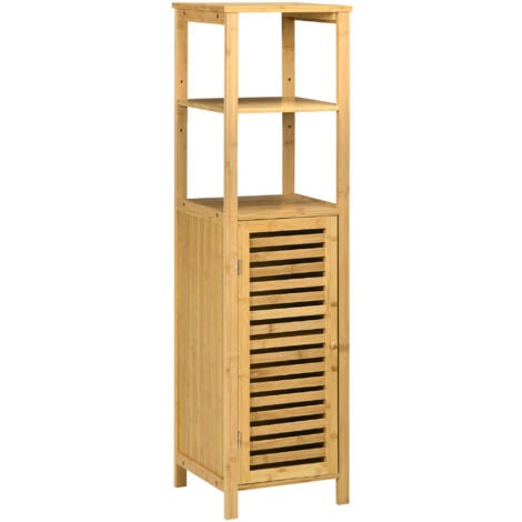 kleankin Badezimmerschrank Badschrank Aufbewahrungsschrank mit Tür, zwei offene Ablagen, Bambus, Hochschrank Schrank für Badezimmer und Wohnzimmer, ca. 33 x 30 x 120 cm Naturholz