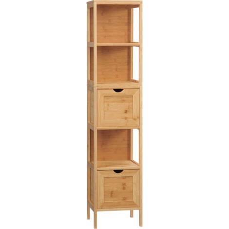 kleankin Badezimmerschrank Badschrank mit 2 Schubladen, 3 Ablagen, Bambus Beistellschrank schmal Aufbewahrungsschrank für Badezimmer, Wohnzimmer 30 x 30 x 140 cm Natur