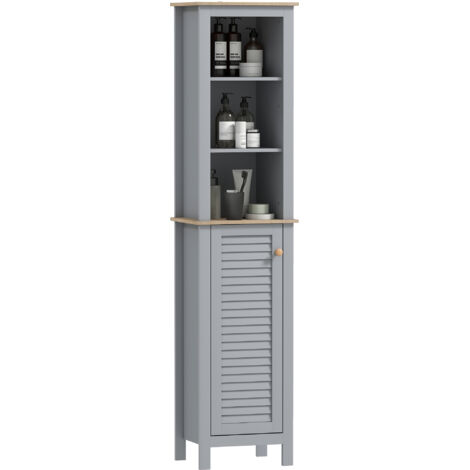 main image of "kleankin Bathroom Floor Storage Cabinet with 3 Tier Shelf and Cupboard with Door, Free Standing Linen Tower, Tall Slim Side Organizer Shelves, Grey"