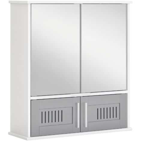 kleankin Bathroom Mirror Cabinet Wall Mount Storage Unit Double Doors Grey