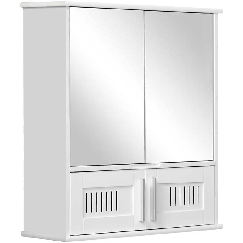 Bathroom Mirror Cabinet Wall Mount Storage Unit Double Doors White - White - Kleankin