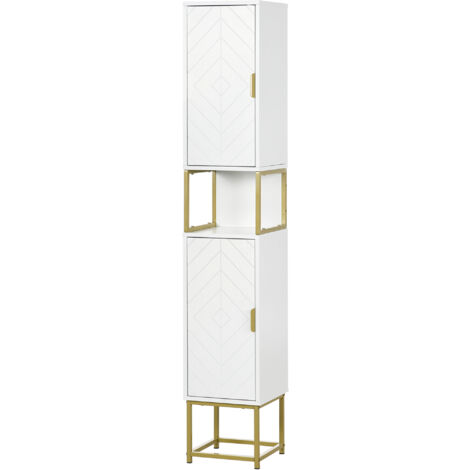 kleankin Colonna Bagno Salvaspazio con 2 Armadietti MDF e Acciaio Bianco e Oro