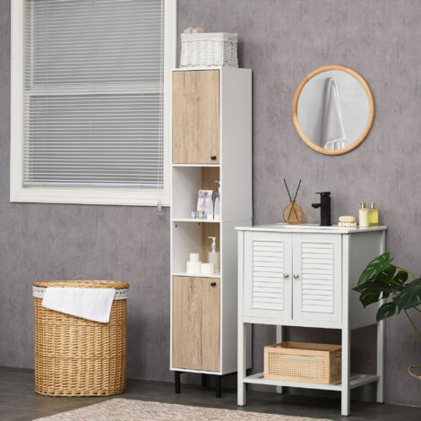 kleankin Columna de Baño con 6 Compartimentos para Ducha Aseo Dormitorio Estilo Moderno 31,5x30x169 cm Blanco y Roble