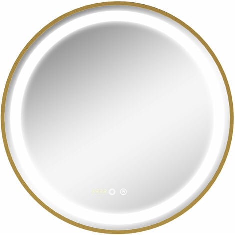 kleankin espejo de baño con luz LED Ø60x4cm espejo redondo interruptor táctil 3 luces ajustable visualización de temperatura hora función de memoria