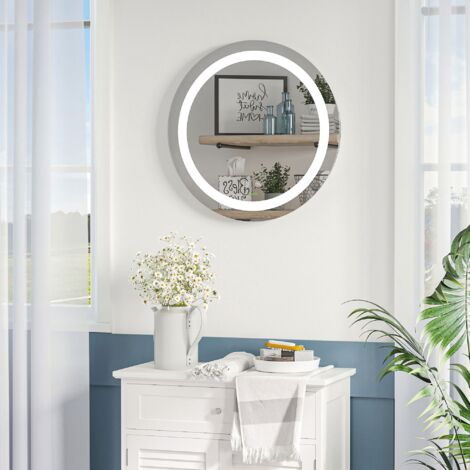 kleankin Espejo de Baño con Luz LED Táctil Función de Memoria Brillo y Color Ajustable y Antivaho Ø50x4,6 cm Plata