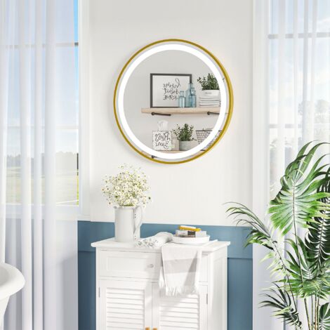 kleankin Espejo de Baño con Luz LED Táctil Función de Memoria Brillo y Color Ajustable y Reloj Ø60x4 cm Dorado