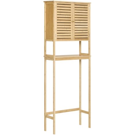kleankin Étagère de toilettes meuble de salle de bain dessus toilette WC avec placard 2 portes et étagère ouverte 60 x 23 x 173 cm bambou