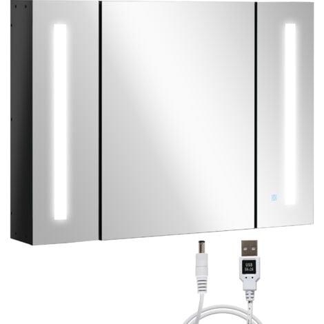 kleankin LED Bathroom Mirror Cabinet with Shelves Wall Mount High Gloss Black