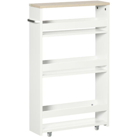 Kleankin – Meuble bas de salle de bain à roulettes 3 niveaux – Dimensions 48L x 15l x 80H cm – Panneaux MDF blanc aspect chêne clair