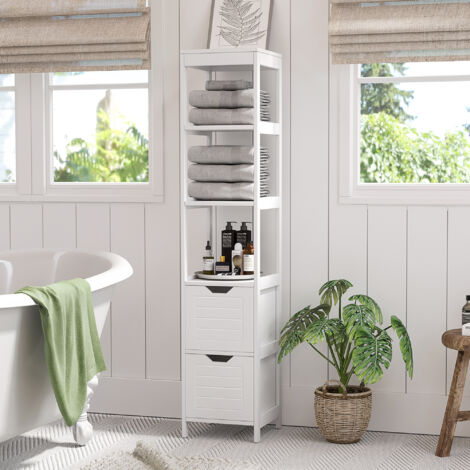 kleankin Meuble colonne de salle de bain armoire haute meuble rangement avec 3 étagères et 2 tiroirs en bois - 30 x 30 x 144 cm