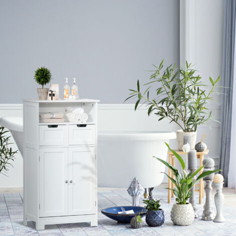 kleankin Meuble de salle de bain. meuble de rangement avec 2 tiroirs. niche. placard avec porte. étagère réglable. armoire de salle de bain. cuisine. salon. 60 x 30 x 109 cm. blanc