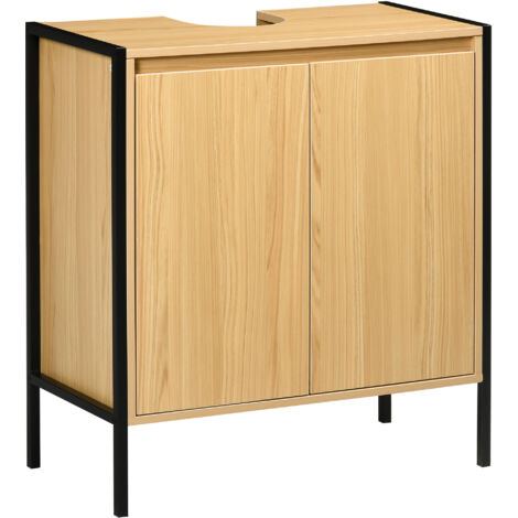 kleankin Meuble sous lavabo de salle de bain armoire sous vasque piètement en métal Double Porte - 60 x 30 x 62,5 cm - Noir et Couleur Bois