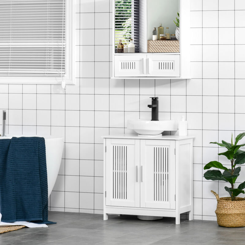 kleankin Meuble sous lavabo salle de bain - meuble sous-vasque - 2 portes rainurées avec étagère réglable - poignées alliage aluminium - dim. 60L x
