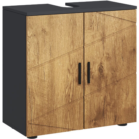 Kleankin – Meuble sous vasque simple 2 portes – Dimensions 60L x 30P x 60H cm – Panneau de particules anthracite aspect bois – Étagère réglable 3 niveaux