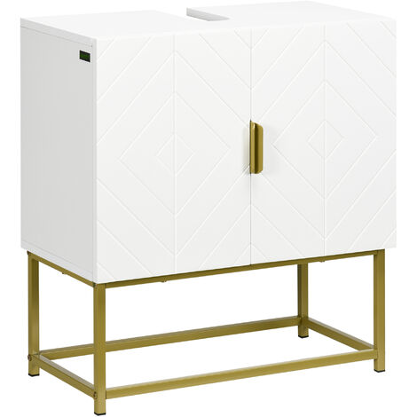 Kleankin – Meuble sous vasque simple 60L x 30l x 65H cm – Acier doré et MDF blanc – Découpe en U pour évier – Charge maximale 20 kg