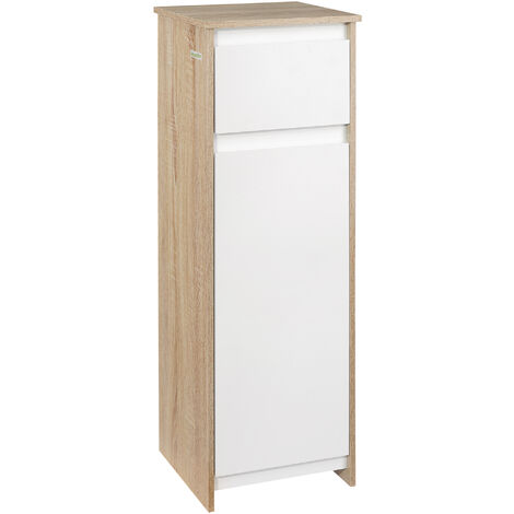 Kleankin – Meuble colonne bas salle de bain 32,6L x 30l x 90H cm – MDF résistant à l'humidité – 1 tiroir et 1 étagère – Aspect chêne clair et blanc