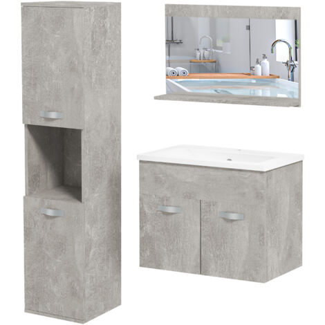 kleankin Set Bagno 4 Pezzi con Lavabo, Mobiletto, Colonna Bagno e Specchiera