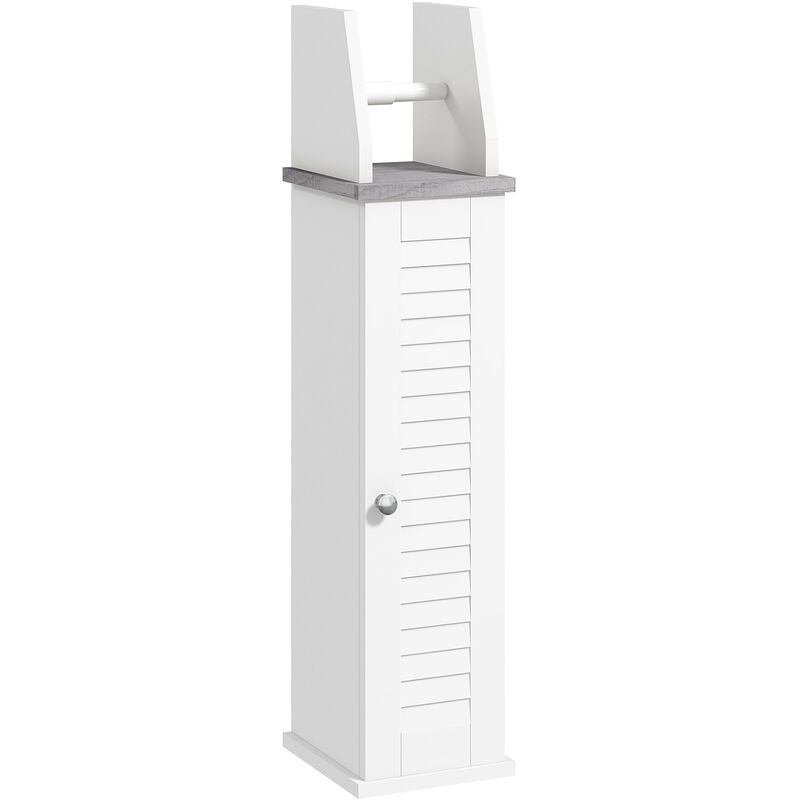 Slim Toilet Roll Storage Unit with Cupboard and Adjustable Shelf, White - Kleankin