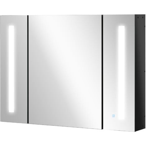 kleankin Specchio da Bagno con 3 Armadietti 3 Ripiani e Luce LED Nero