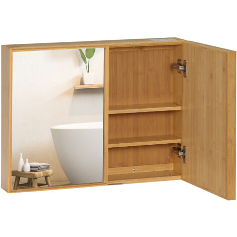 kleankin Spiegelschrank, Wandschrank mit 3 Innenböden, Badspiegelschrank mit Doppeltür, Hängeschrank für Badezimmer, Schlafzimmer, Bambus, Natur, 65,2 x 14 x 50 cm