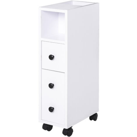 Kleankin – Colonne de salle de bain à roulettes blanc – 2 niches, 1 placard, 1 tiroir – Dimensions 18L x 30l x 68,5H cm – Charge max 15 Kg