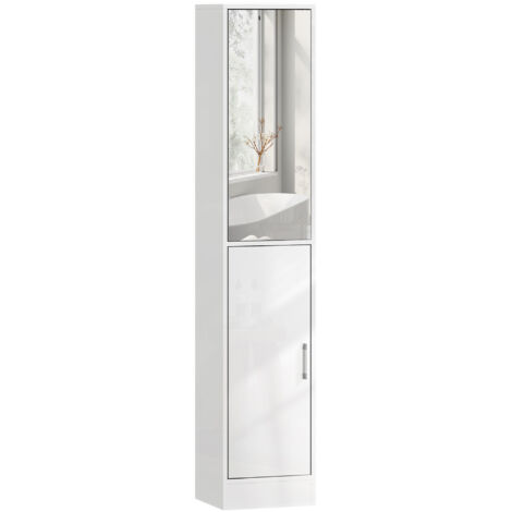 kleankin Tall Bathroom Cabinet with Mirror, High Gloss White