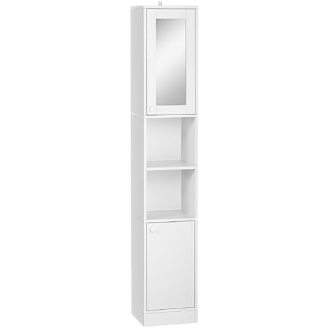 kleankin Tall Bathroom Storage Cabinet Narrow Freestanding Cabinet with Mirror - White