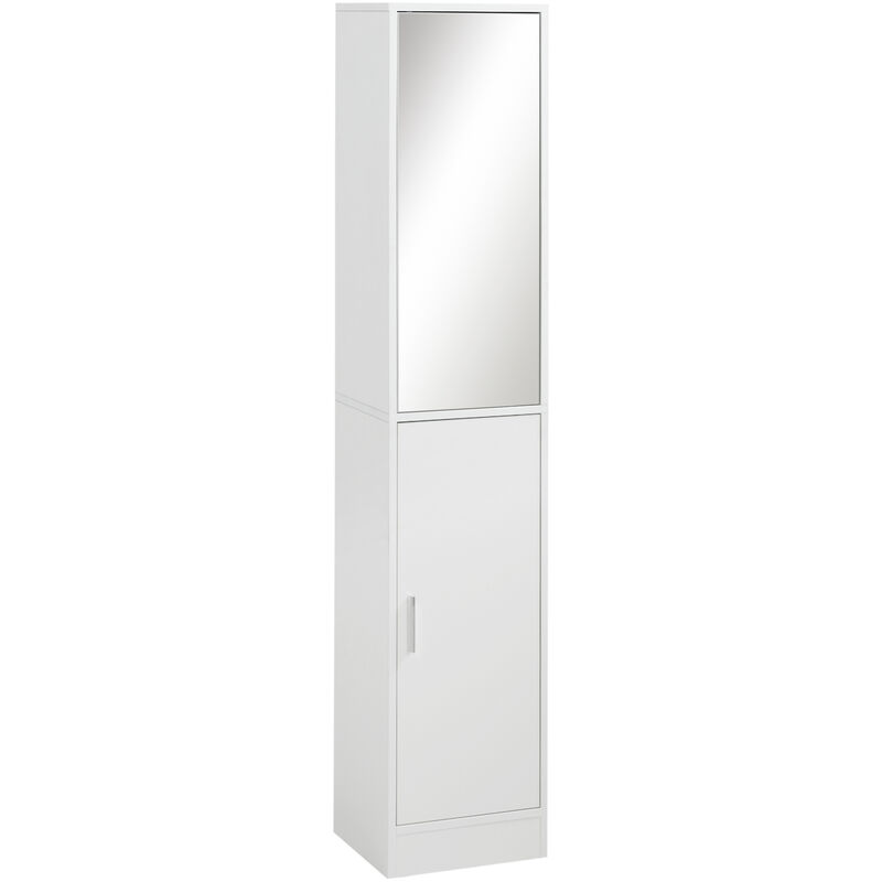 Tall Mirrored Bathroom Cabinet Tallboy Unit w/Adjustable Shelf White - White - Kleankin