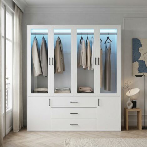 Kleiderschränk 60x51,8x182 cm, Schlafzimmer-Schrank mit LED-Beleuchtung und 4 Glastüren, Kleiderschrank mit 3 Schubladen, Holz- und Metallstruktur, moderner skandinavischer Stil, Weiß