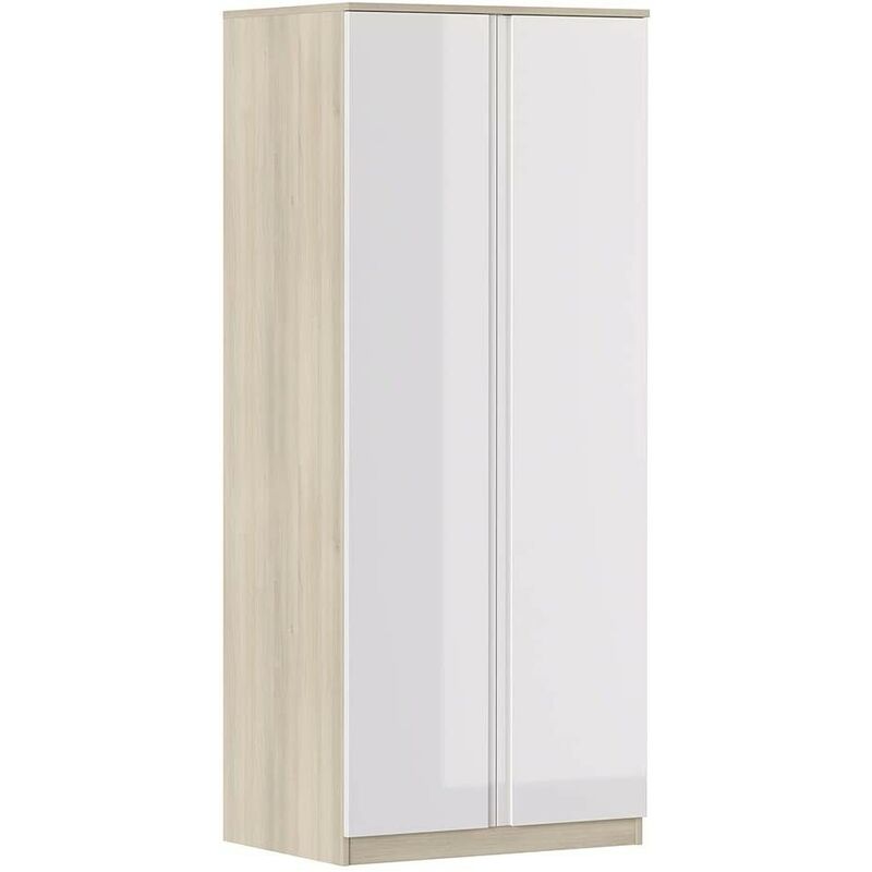Kleiderschrank 80x190H cm Glänzend Weiß und Eiche mit zwei Türen Serie Oslo | Eiche und Weiß