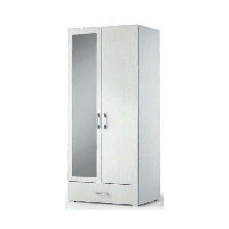 Kleiderschrank 90xH195 cm Esche weiß mit zwei Türen, Schublade und Spiegel | weiß