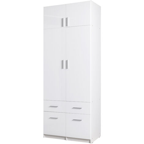 Kleiderschrank 2-türig mit Aufsatzschrank, 92cm breit, weiß Glanz, SELAWIK-166