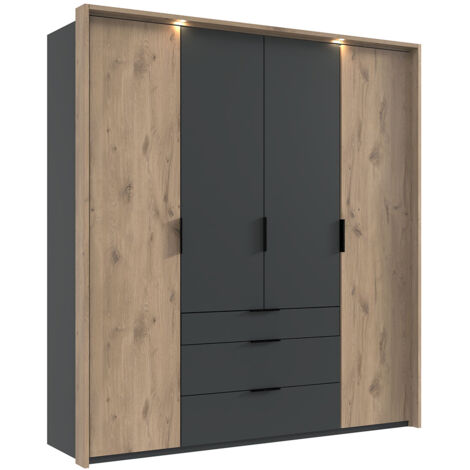 Kleiderschrank 204 cm inkl. Beleuchtung, Passepartoutrahmen in grau mit Eiche BIELLA-43