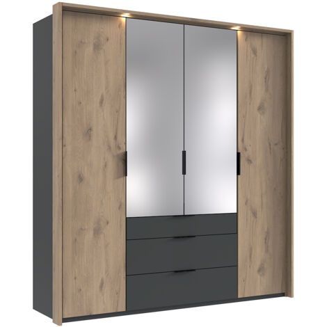 Kleiderschrank 204 cm inkl Spiegel und Beleuchtung, Passepartoutrahmen in grau mit Eiche BIELLA-43