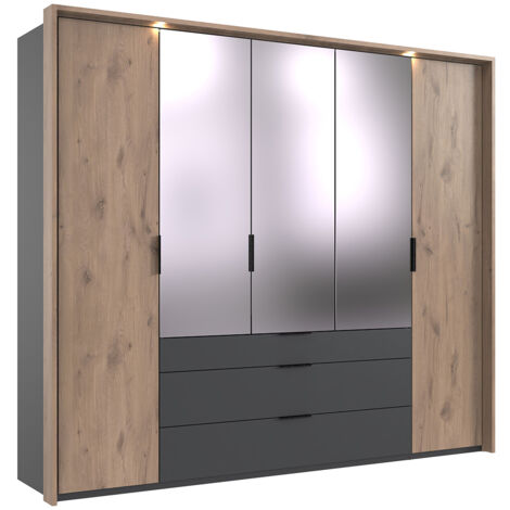 Kleiderschrank 254 cm breit inkl. Spiegel und Beleuchtung in grau mit Eiche Passepartoutrahmen BIELLA-43