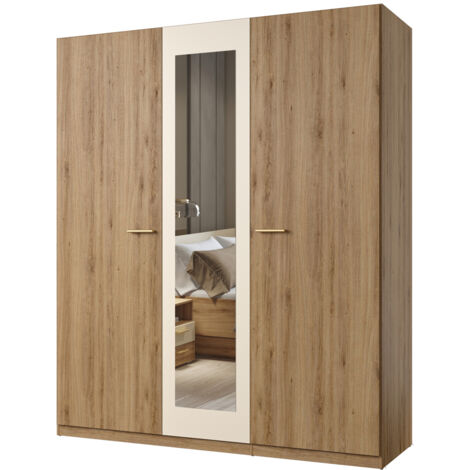Kleiderschrank 3-türig mit Spiegel in Eiche mit beige VARESE-83