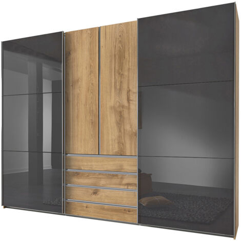 Kleiderschrank 300cm breit Eiche mit grau Glasfront, MIDLAND-43