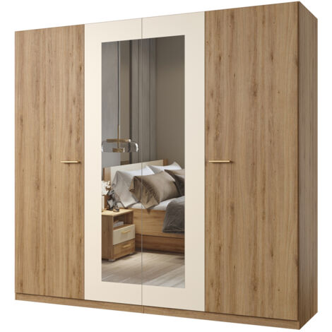 Kleiderschrank 4-türig mit Spiegeln in Eiche mit beige VARESE-83