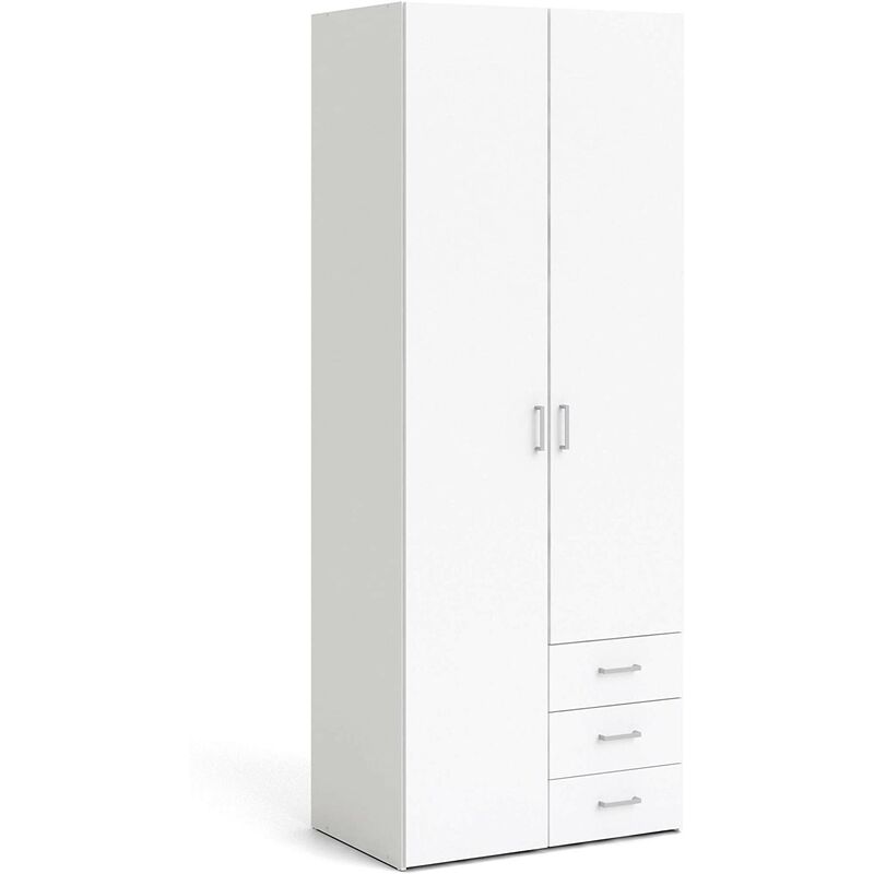 Kleiderschrank 77x200H cm Mattweiß mit zwei Türen und drei Schubladen | weiß