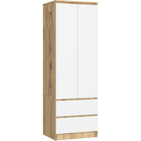 Kleiderschrank AKORD S60 Eiche Artisan 60 cm 2 Türen 2 Schubladen Regal Front Weiß B60 x H180 x T51 cm