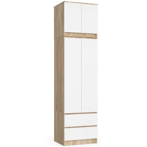 Kleiderschrank AKORD S60 mit Aufsatz Sonoma-Eiche 60 cm 2 Türen 2 Schubladen 3 Ebenen Front Weiß B60 x H234 x T51 cm