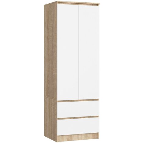 Kleiderschrank AKORD S60 Sonoma-Eiche 60 cm 2 Türen 2 Schubladen Regal Front Weiß B60 x H180 x T51 cm