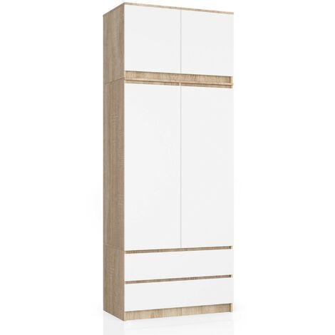Kleiderschrank AKORD S90 mit Aufsatz Sonoma-Eiche 90 cm 2 Türen 2 Schubladen 6 Ebenen Front Weiß B90 x H234 x T51 cm