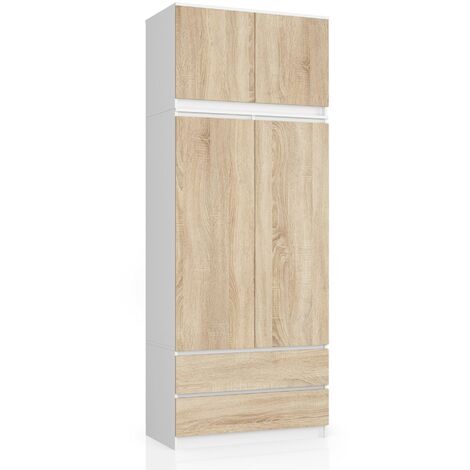 Kleiderschrank AKORD S90 mit Aufsatz Weiß 90 cm 2 Türen 2 Schubladen 6 Ebenen Front Sonoma-Eiche B90 x H234 x T51 cm