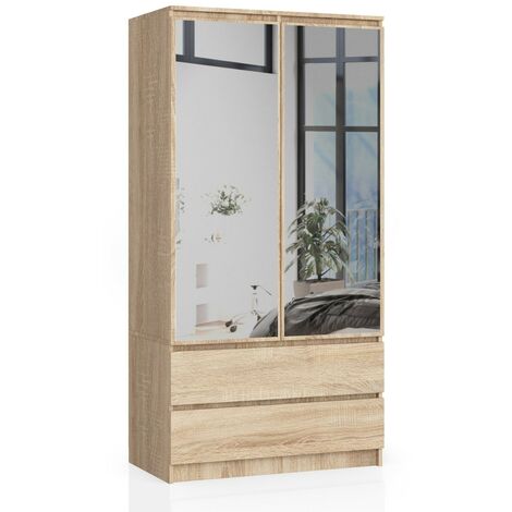 Kleiderschrank AKORD S90 mit Spiegel Sonoma-Eiche 90 cm 2 Türen 2 Schubladen 4 Ebenen B90 x H180 x T51 cm