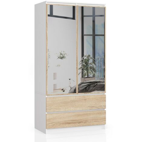 Kleiderschrank AKORD S90 mit Spiegel Weiß 90 cm 2 Türen 2 Schubladen 4 Ebenen Front Sonoma-Eiche B90 x H180 x T51 cm